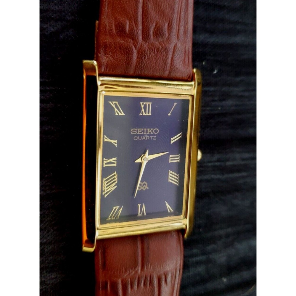 RARE NOS Seiko Men's Rectangular Tank Gorgeous Gold‎ Case Blue Dial Dress Watch